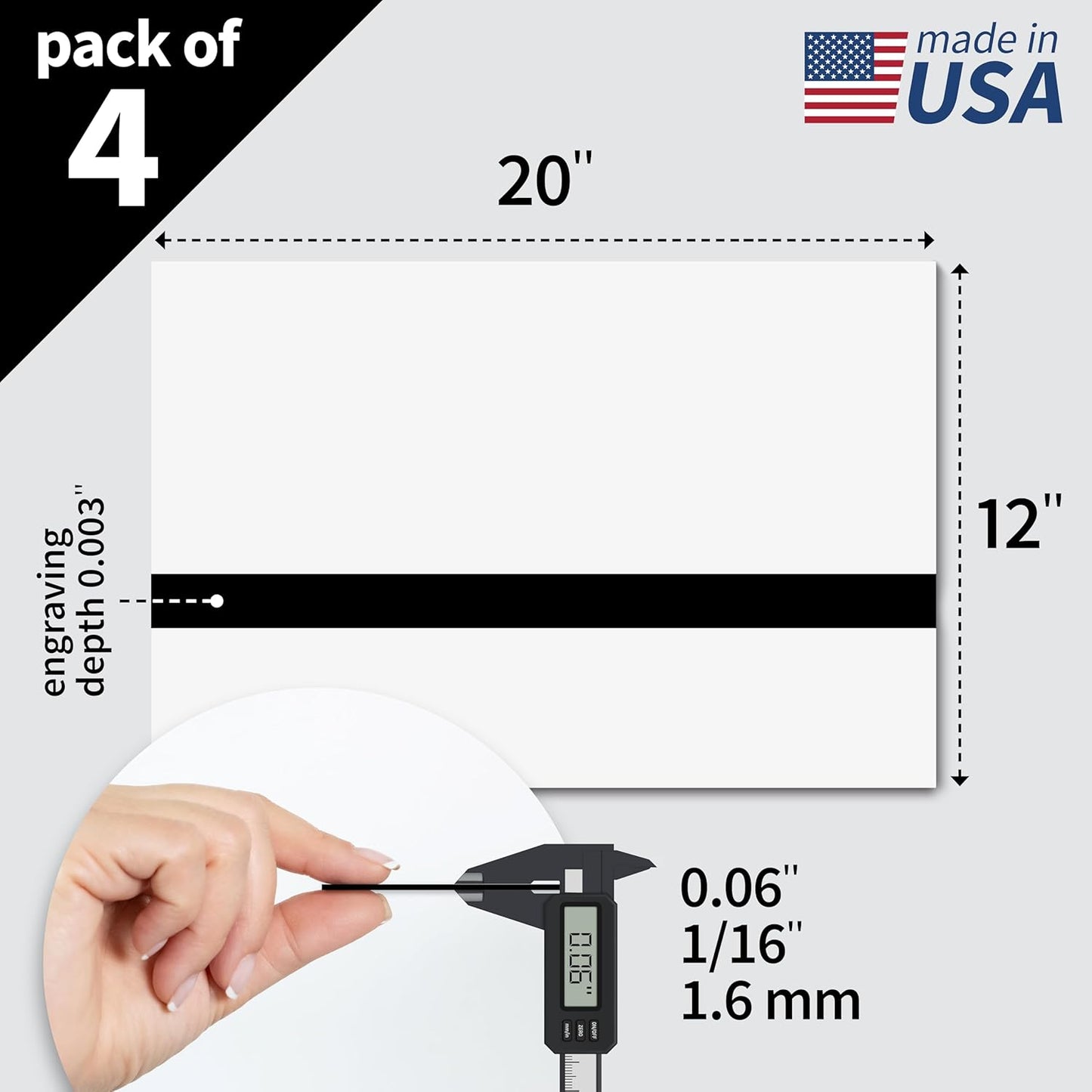 Trotec TroLase | 12"x20"x1/16", 4 Pcs | White/Black/White | 3 Ply | Modified Acrylic | Laser Engraving Double Color Plastic Sheet | Engraving Blanks for Laser, Saw, Guillotine | Made in USA