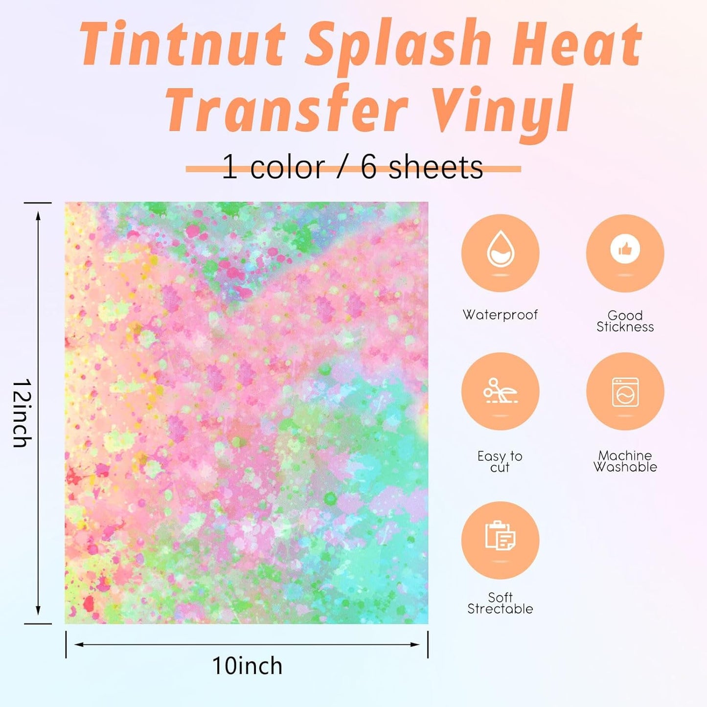 Tintnut Spring Color Splash Heat Transfer Vinyl - 6 Sheets 10"x12"Watercolor HTV Patterned HTV Iron On Vinyl for T-Shirts Hats Clothes,for Cricut & Silhouette Cameo