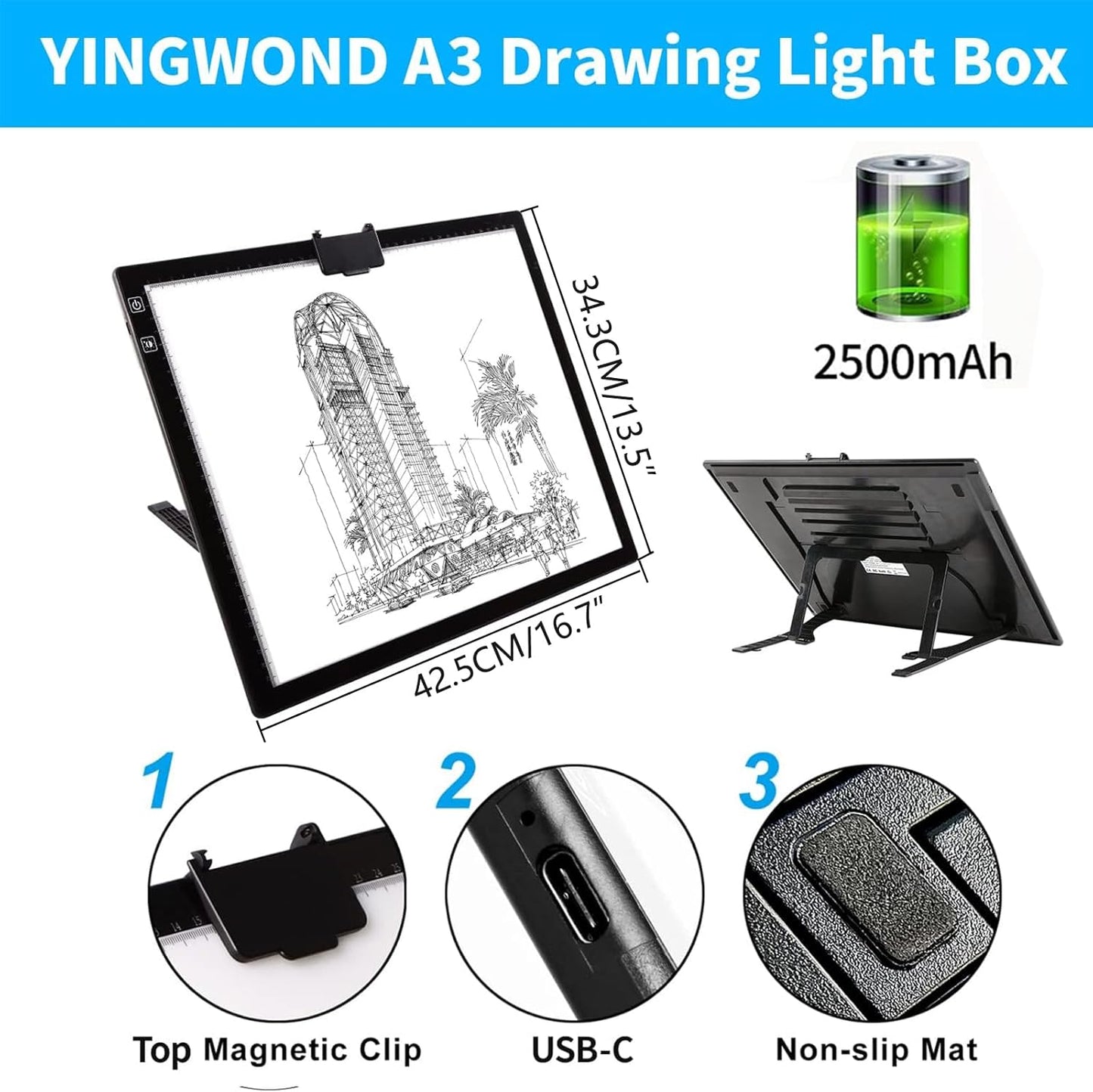 Wireless Rechargeable A3 LED Light Pad w/Built-in Foldable Stand, 3 Color Tone, 6 Levels of Brightness, Battery Powered Evenly Illuminated Light Box for Tracing Drawing and Diamond Painting