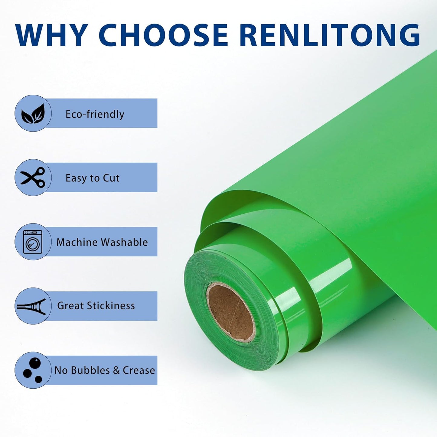 RENLITONG Apple Green Iron on Vinyl 12Inch by 50ft Roll HTV Heat Transfer Vinyl for T-Shirt HTV Rolls for All Cutter Machine - Easy to Cut & Weed for Heat Transfer Design