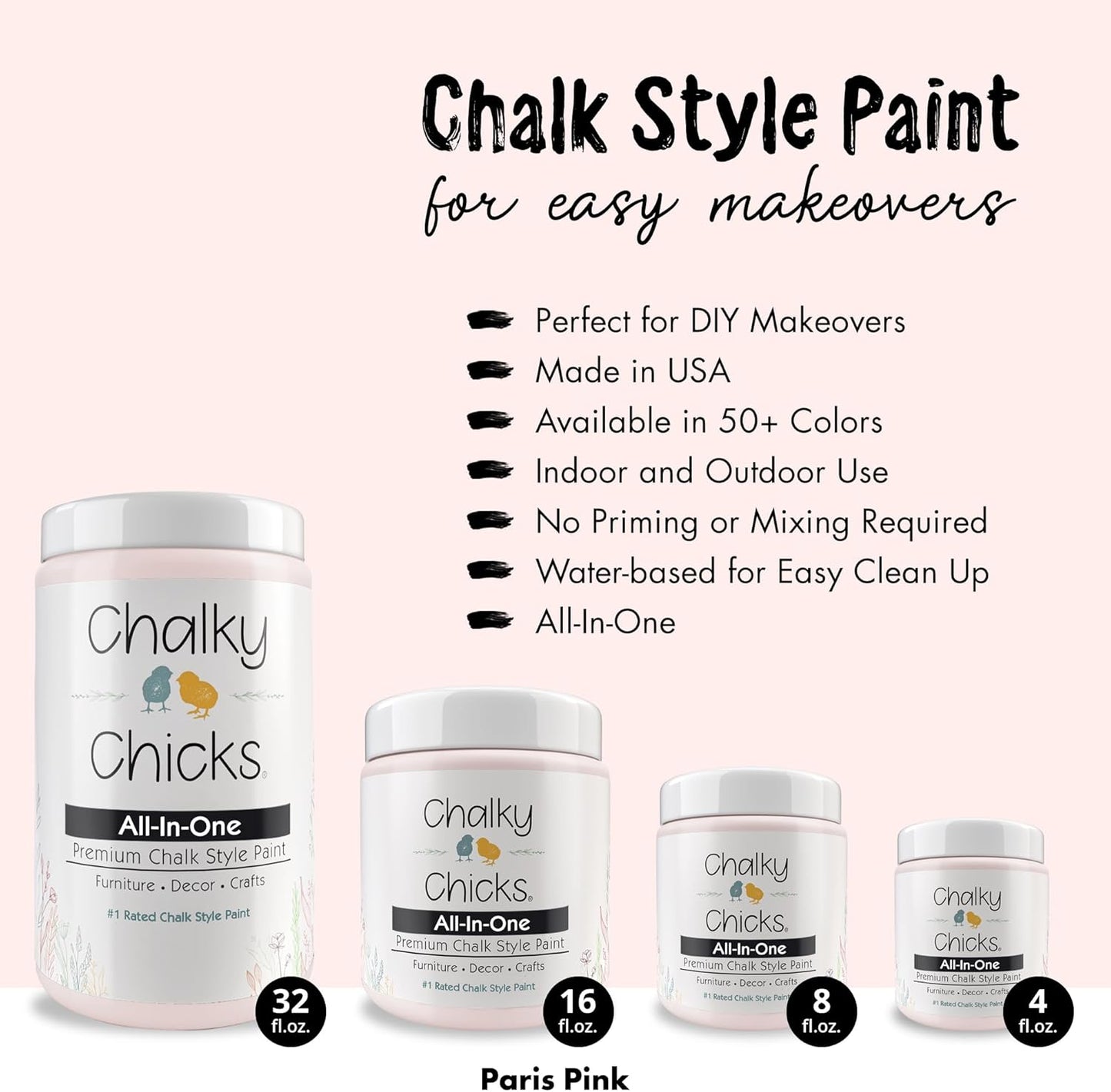 Chalky Chicks All-in-One Chalk Paint for Furniture or Cabinet - 4 Fl Oz - Matte Finish Paris Pink for Metal, Wood Furniture Paint - No Sanding All-in-One for Home Decor & Crafts, USA Made