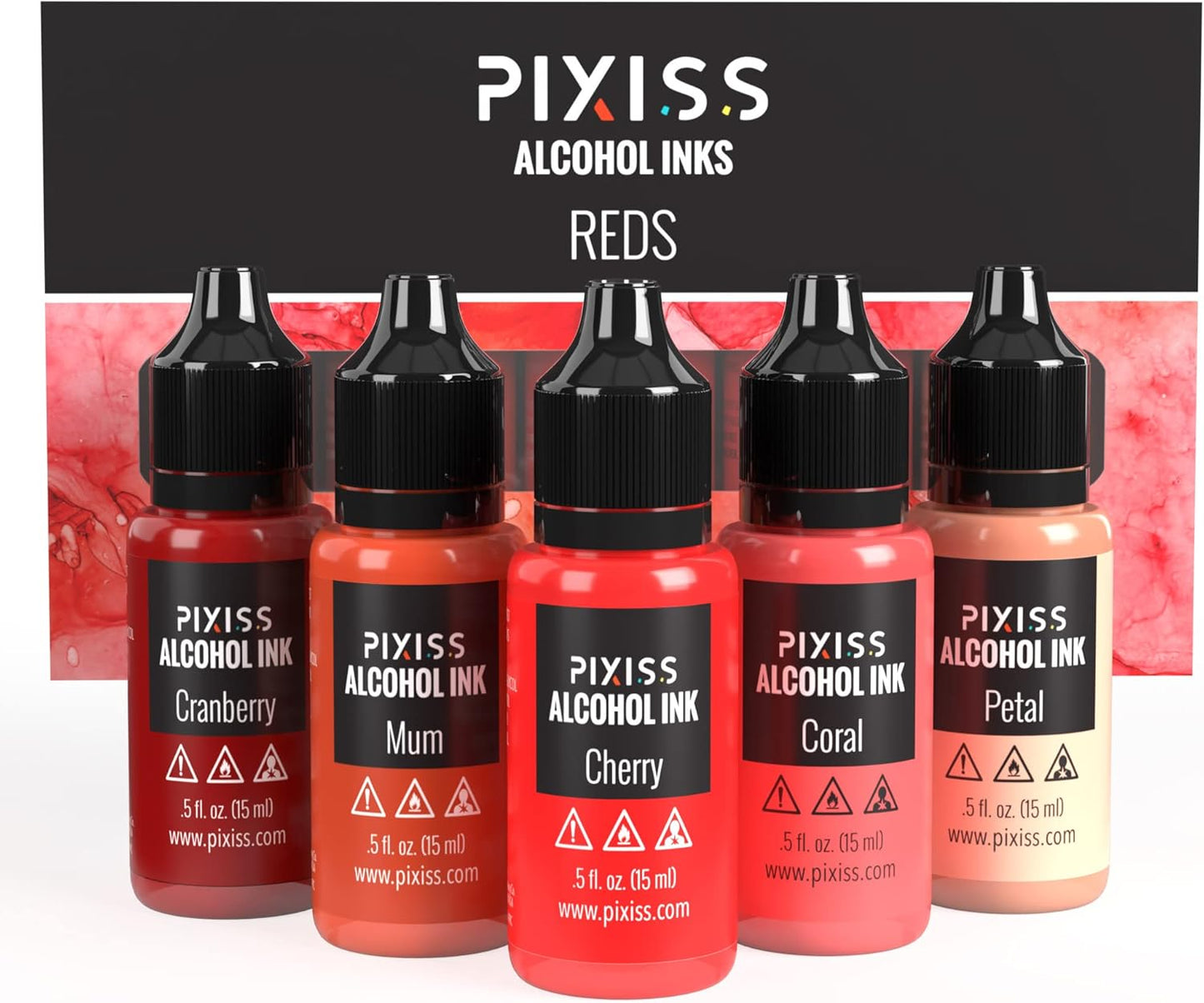 Pixiss Red Alcohol Ink Set - 5 Shades of Highly Saturated Alcohol Ink for Epoxy Resin Supplies, Yupo Paper, Tumblers, Coasters - Resin Colorant for Epoxy Resin and Resin Art Supplies