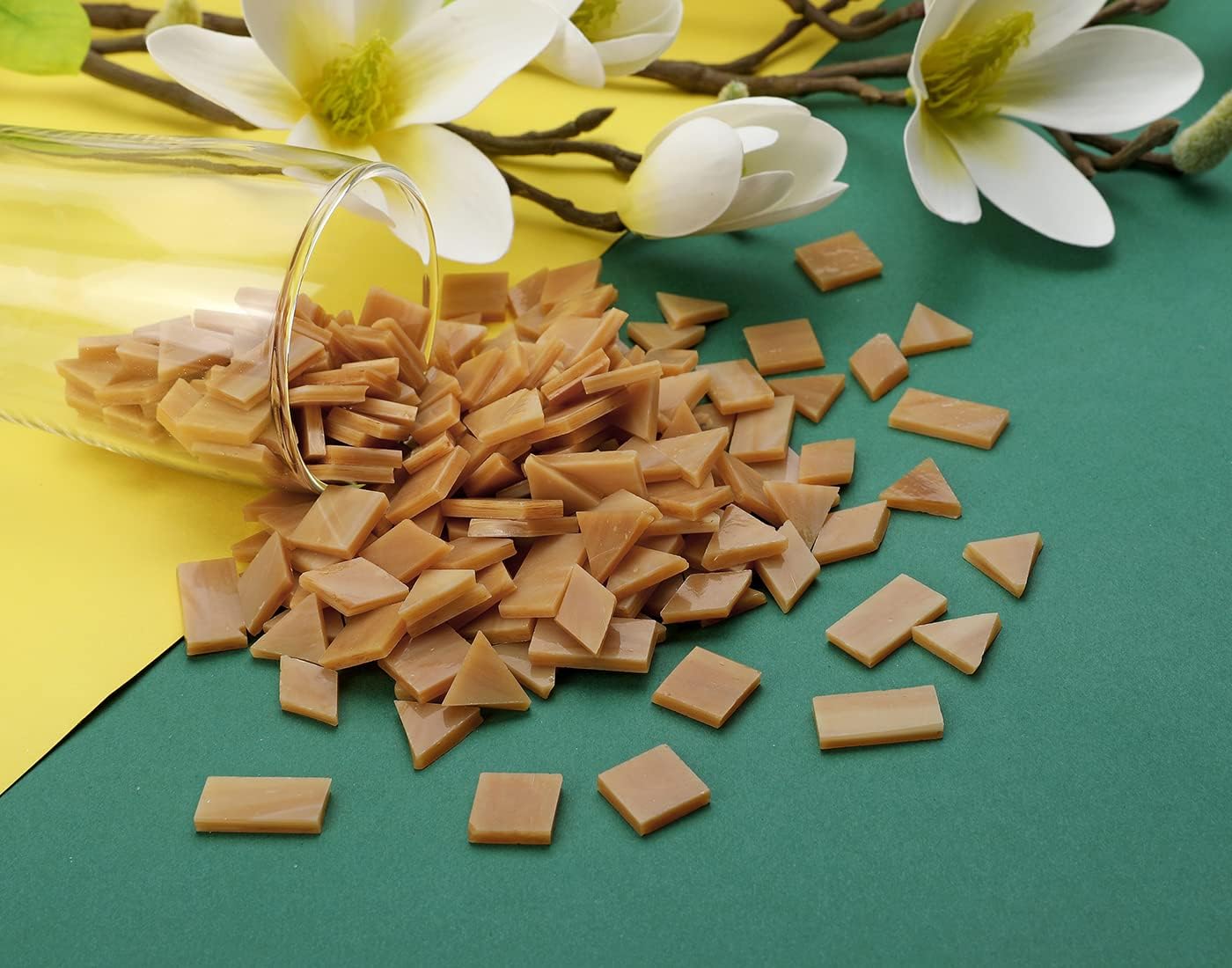 Lanyani Glass Mosaic Tiles - Mixed Colorful Tiffany Stained Glass Pieces, 200 Pieces - Square/Rectangle/Diamond/Triangle - Tan