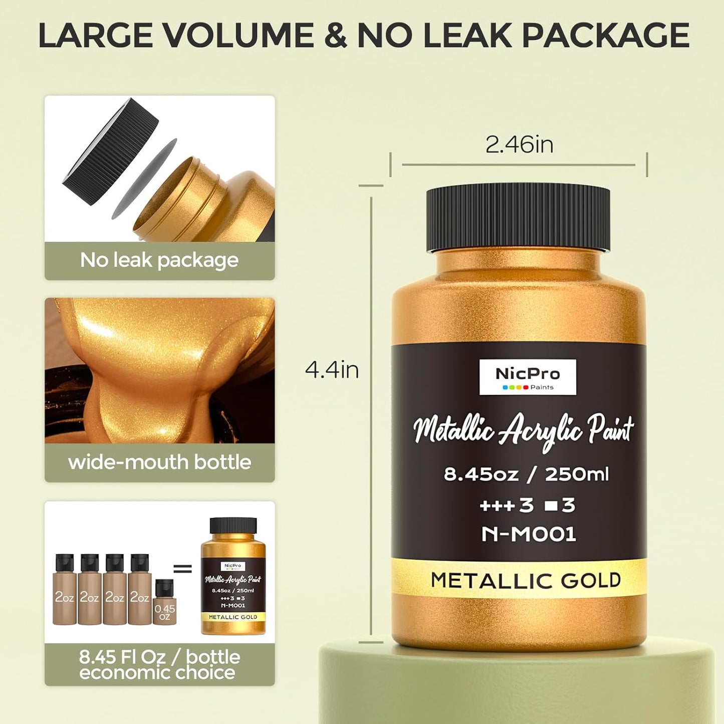 Nicpro Acrylic Paint Metallic, 3 Colors Gold, Silver, Copper 25.35oz/750ml Gold Leaf Paint, Non Toxic, Non Fading for Art Painting, Handcrafts, Ideal for Multi-surface, Canvas, Wood, Clay, Metal