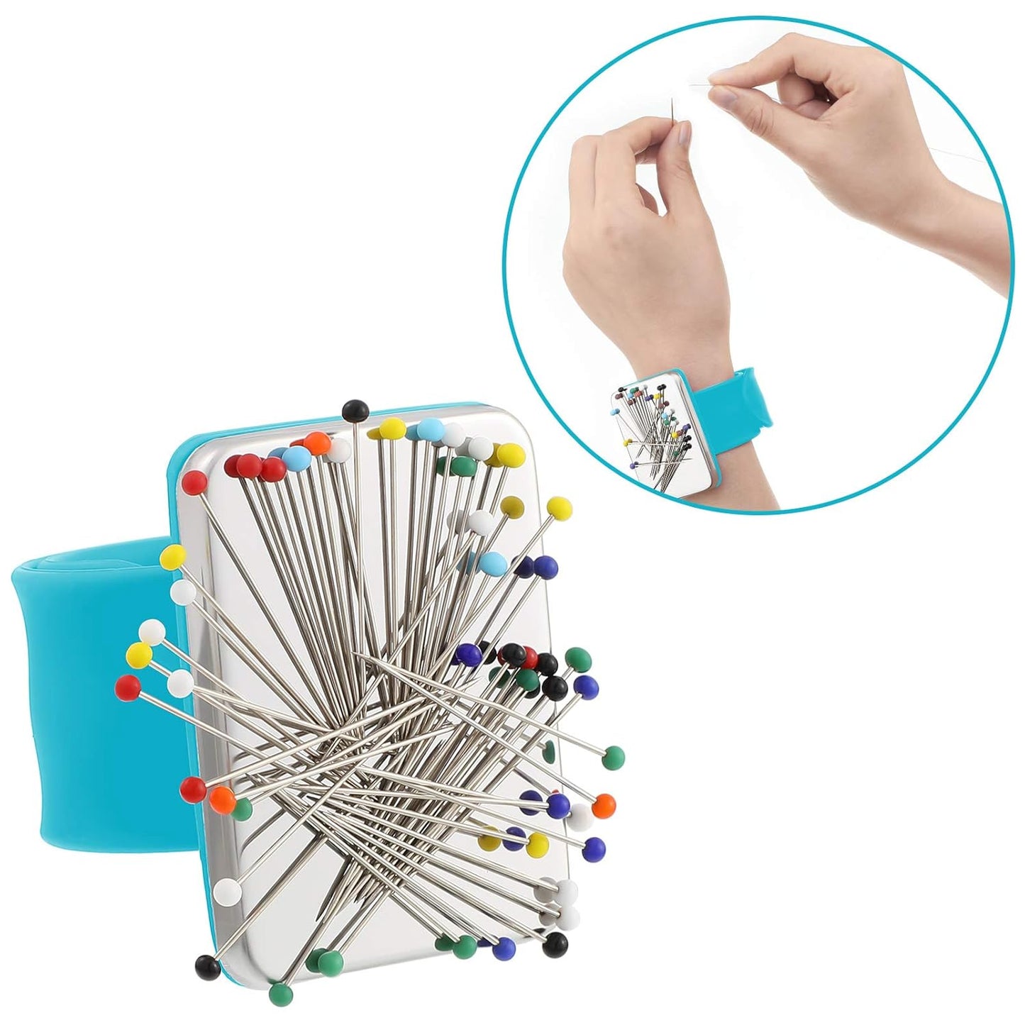 WILLBOND Magnetic Wrist Sewing Pincushion Wrist Magnetic Pin Holder Wristband Pin Cushion Holder with 3 Pcs Stainless Steel Pintail Comb Rat Tail Comb for Hair Clips Hand Sewing(Blue)