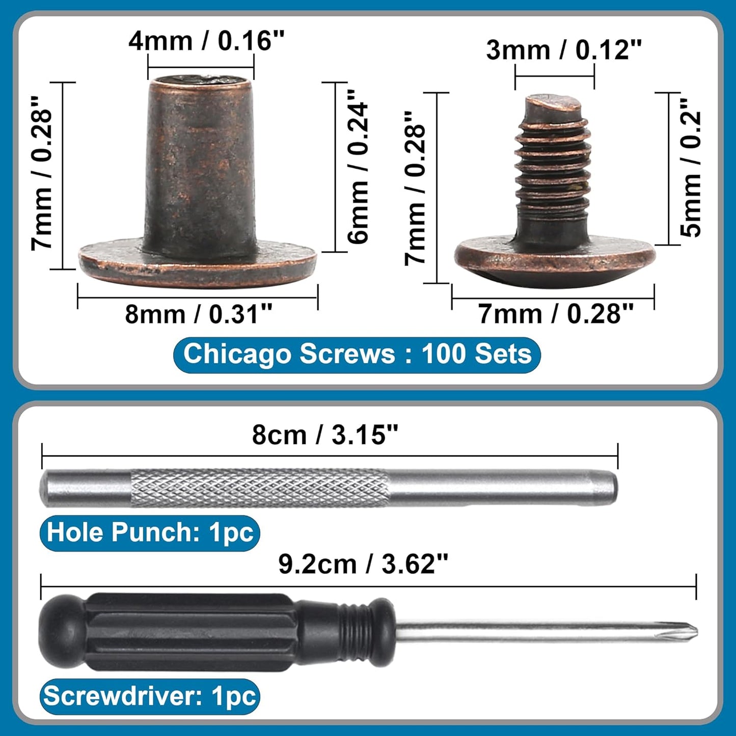 YORANYO 150 Sets 8MM Chicago Screws Leather Rivets for Fabric Chicago Binding Screws Buttons Metal Studs Rivets for Decorate and Repair Belts Bags Shoes Purse Dog Collar Leather Craft (Copper)