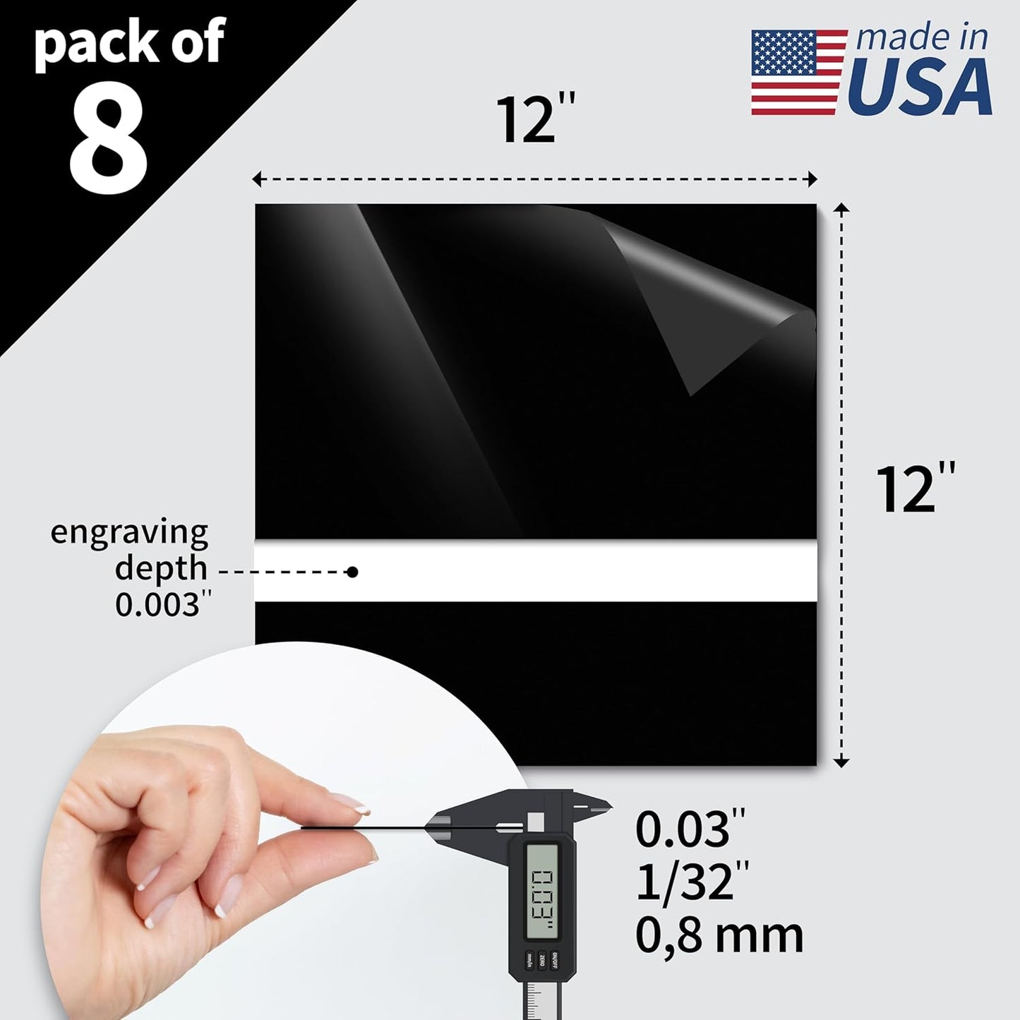 Trotec TroLase | 12"x12"x1/32", 8 Pcs | Black/White | 2 Ply | Modified Acrylic | Laser Engraving Double Color Plastic Sheet | Engraving Blanks for Laser, Saw, Guillotine | Made in USA