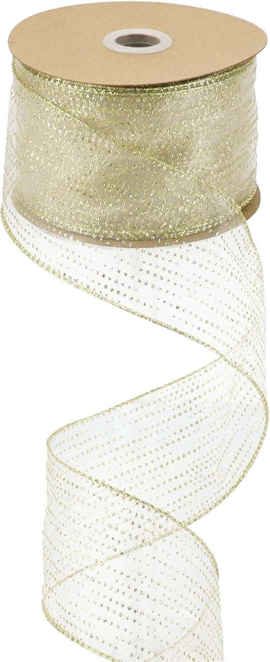 MEEDEE Glitter Gold Wired Ribbon 2.5 Inch Horizontal Stripes Polka Dot Christmas Ribbon Organza Sheer Glitter 25 Yards Gold for Christmas Tree, Wreath Bow Making
