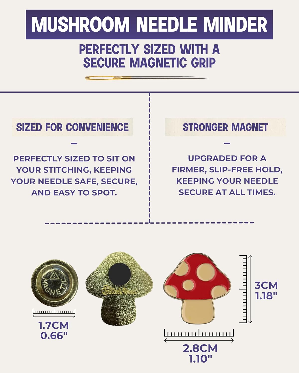 The Quilted Bear Needle Minder - Needle Minder Magnet for Keeping Sewing & Embroidery Needles, Cross Stitch Needles Safe - Stress Free Stitching Cross Stitch Supplies & Embroidery Supplies (Mushroom)