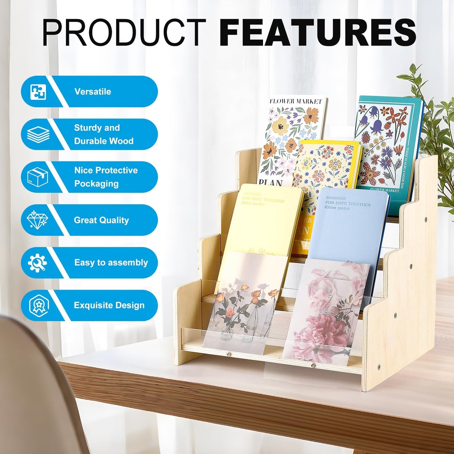 Greeting Card Display Stand , Acrylic Sticker Display Holder for Vendors, Counter Retail Display Rack , 4-Tiered Wooden/Acrylic Display stand for postcard /Brochure/Photos/Picture