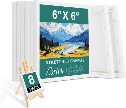 ESRICH Small Stretched Canvas for Painting 6x6 inch, 2/5''Profile Art Primed 8 Pack Canvases for Painting, Cotton Small Professional Blank Paint Canvas for Kids and Art Supplies, for Acrylics, Oils.