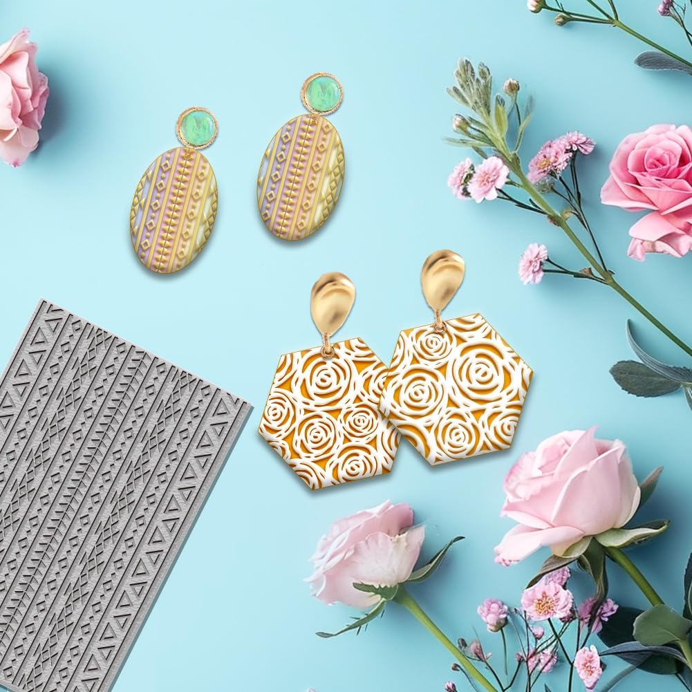 4PCS Polymer Clay Texture Sheets Set for Using with Clay Cutters, Boho Clay Texture Mats, Pottery Jewelry Making Kit DIY Creative Crafts Tools