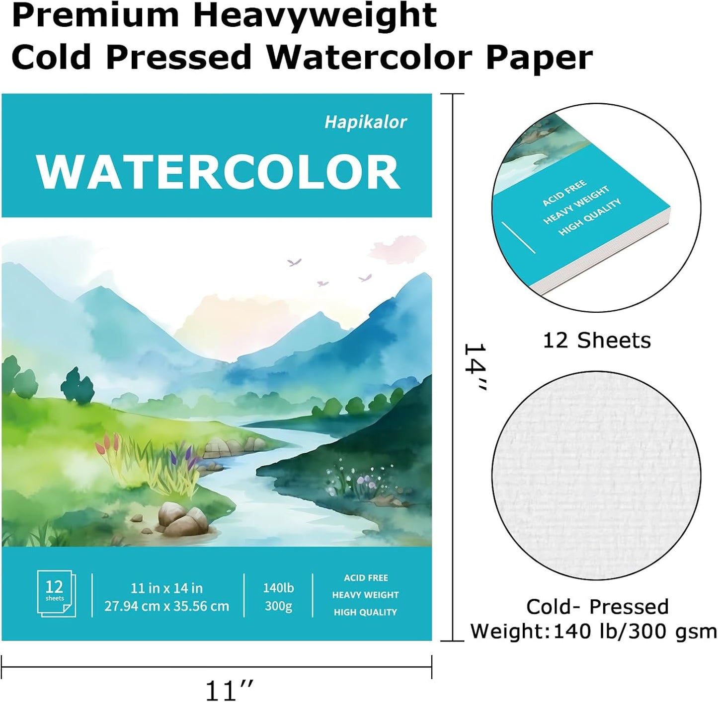 Hapikalor 11"x14" Watercolor Paper Pad, 2-Pack, 140lb/300gsm Artist Painting Drawing Paper Book, Art Supplies for Adults Kids, Watercolors, Watercolor Paint Set, Sketchbook, Journal, Teal