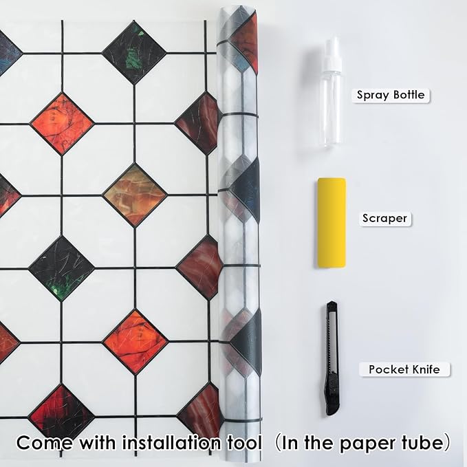 DKTIE Colorful Gem Lattice Pattern Decorative Window Privacy Film Rainbow Stained Glass Window Film Classroom Decor Renter Friendly Decor (S533, 29.5in X 78.7in)