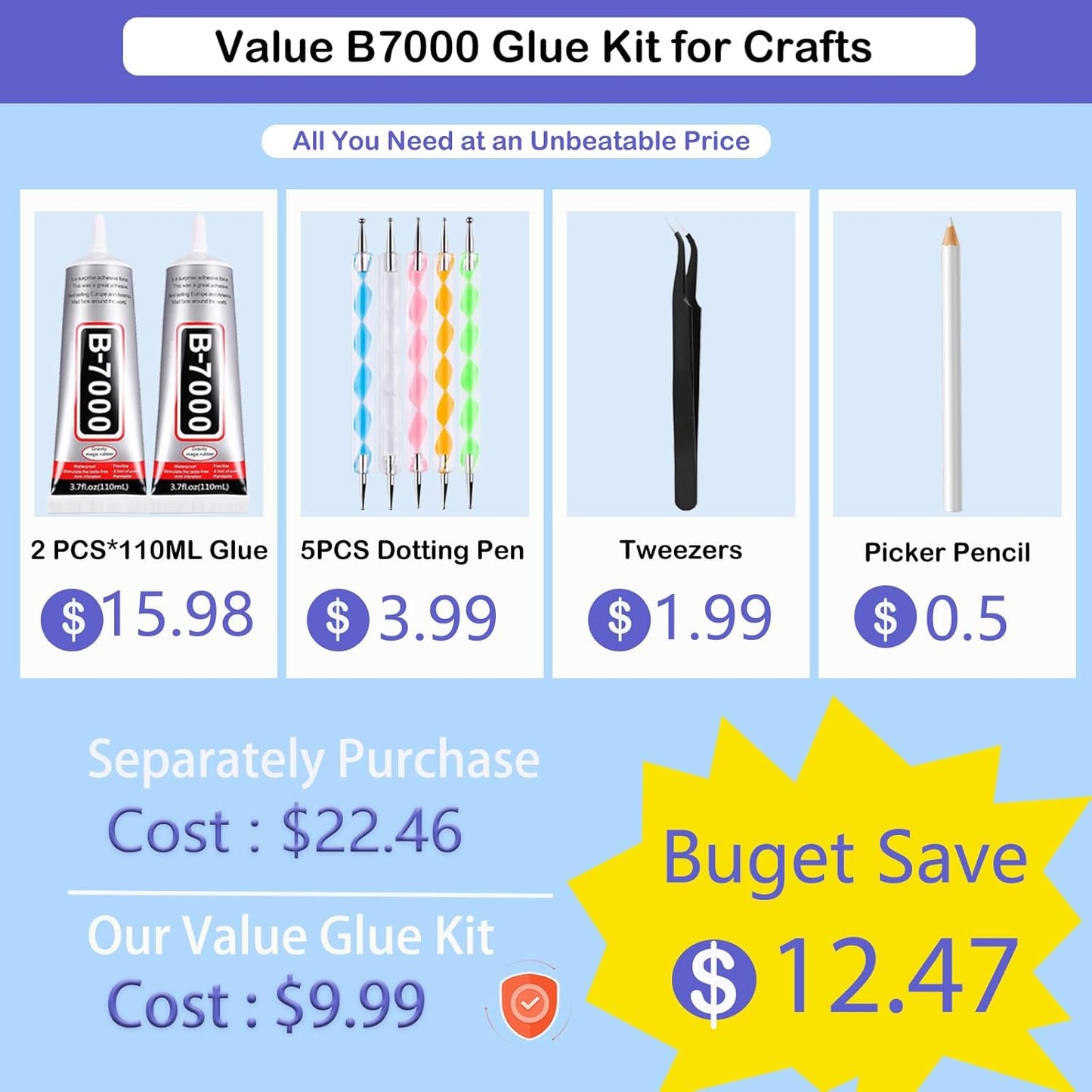 B7000 Adhesive Rhinestones Glue for Crafts, 2PCS 110ml / 3.7 fl oz with 5 Dotting Pen Tool, Wax Pencil and Tweezer, Jewelry Glue for DIY Craft, Makeup, Shoes, Jewelry Making, Nail Art