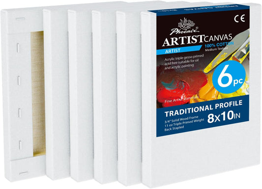 PHOENIX 8x10 Inch 6 Pack Artist Canvas - Small Stretched Canvases for Painting - 3/4 Inch Profile, 100% Cotton 11 Oz. Gesso Primed White Blank Professional Canvas Oil & Acrylic Paints