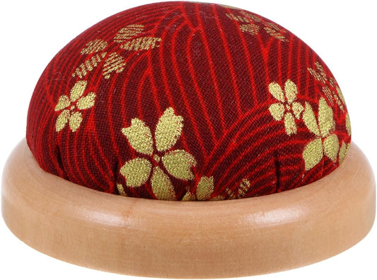 HARFINGTON Pin Cushion Wooden Base Japanese Style Round Pincushion Needle Holder for Sewing Quilting Needlework DIY Crafts, Dark Red