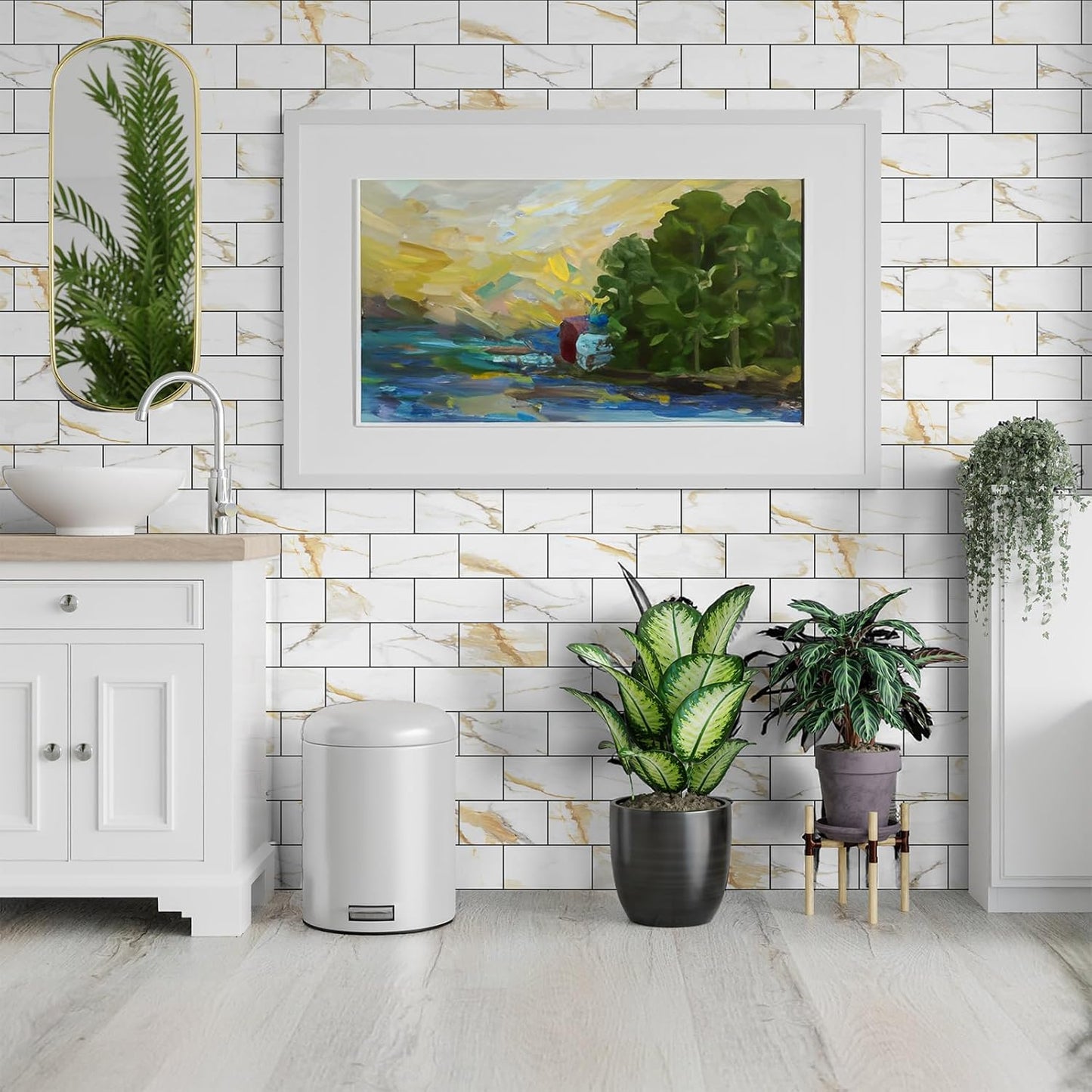 4 Pieces Peel and Stick Backsplash for Kitchen, 3" x 6" PVC Subway Tile Upgraded Calacatta Gold with Dark Gray Grout Backsplash Stick on Tile Elevate Kitchen, Bathroom, Fireplace,RV