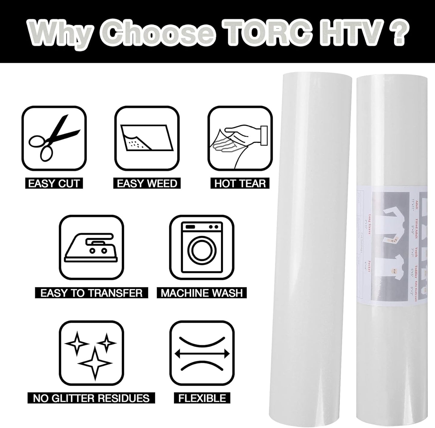 TORC White Glitter HTV Heat Transfer Vinyl Roll 12 inch x 20 ft Sparkly Iron on Vinyl for T Shirts Crafts Bulk