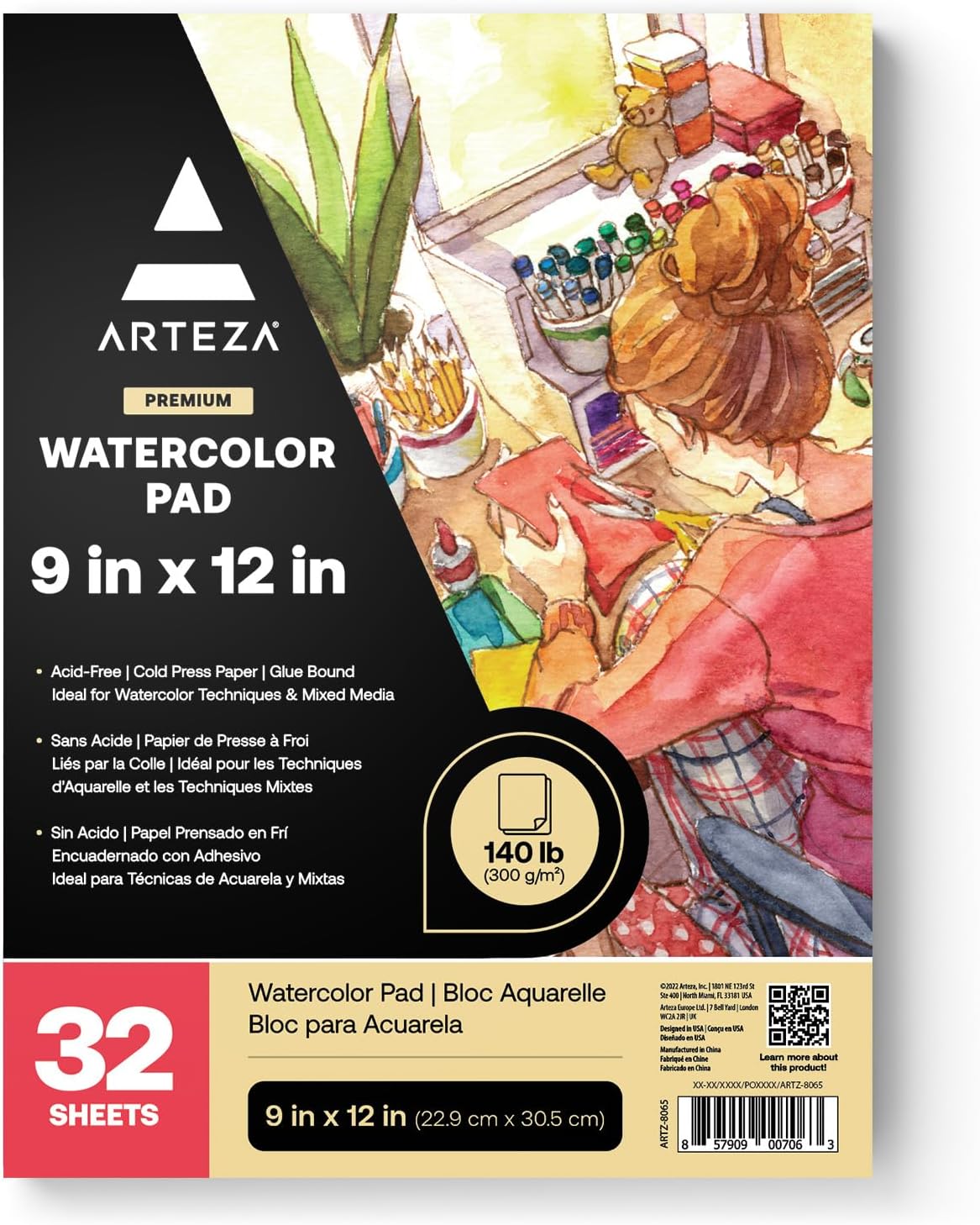 ARTEZA Watercolor Paper, 32 Sheets Each, 9x12 Inch Water Color Paper, 140lb/300gsm, Cold Press, Acid Free Art Paper