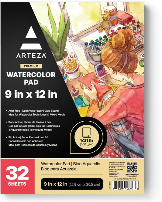 ARTEZA Watercolor Paper, 32 Sheets Each, 9x12 Inch Water Color Paper, 140lb/300gsm, Cold Press, Acid Free Art Paper