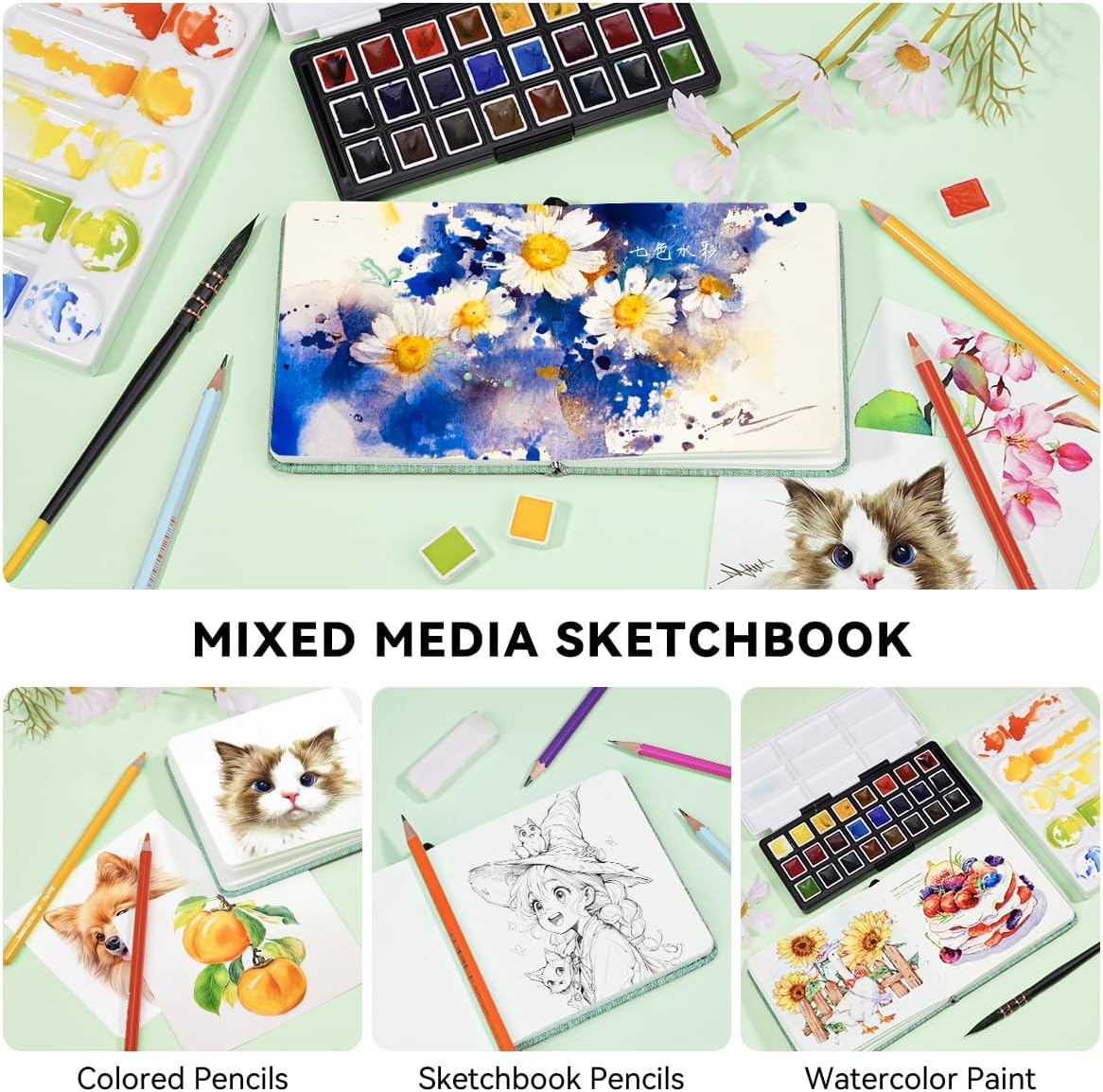 Lightwish Square Watercolor Journal,100% Cotton,300gsm/140lb,Acid-Free,24 Sheets Cold Press Watecolor Paper Sketchbook for Artists Adults Students,4.7 * 4.7 Inches