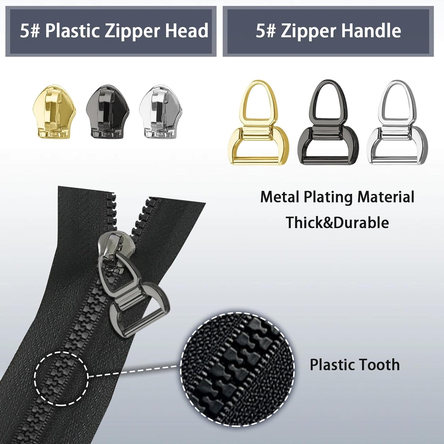 VICHERIA Zipper Repair Kit (45 Pcs), Universal Zippers for Sewing, Replacement Slider Pull Fix Kit for Jackets, Coat, Boot, Backpack, Purse (5#-B-9Pcs)