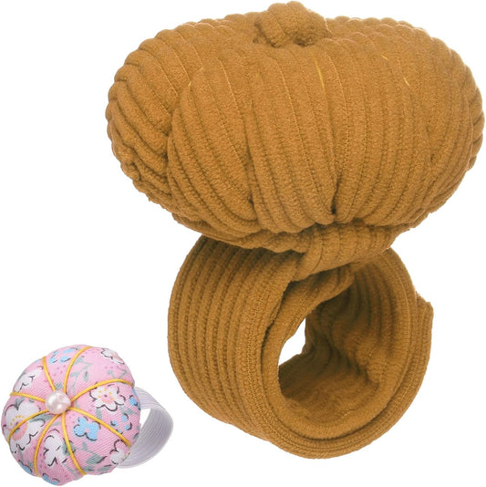 HARFINGTON Wrist Pin Cushions, Sewing Needle Pin Cushion Adjustable Strap with Elastic Strap Finger Ring Pincushions Fit All Wrist Sizes for Sewing Quilting Needlework DIY Crafts, Brown/Pink