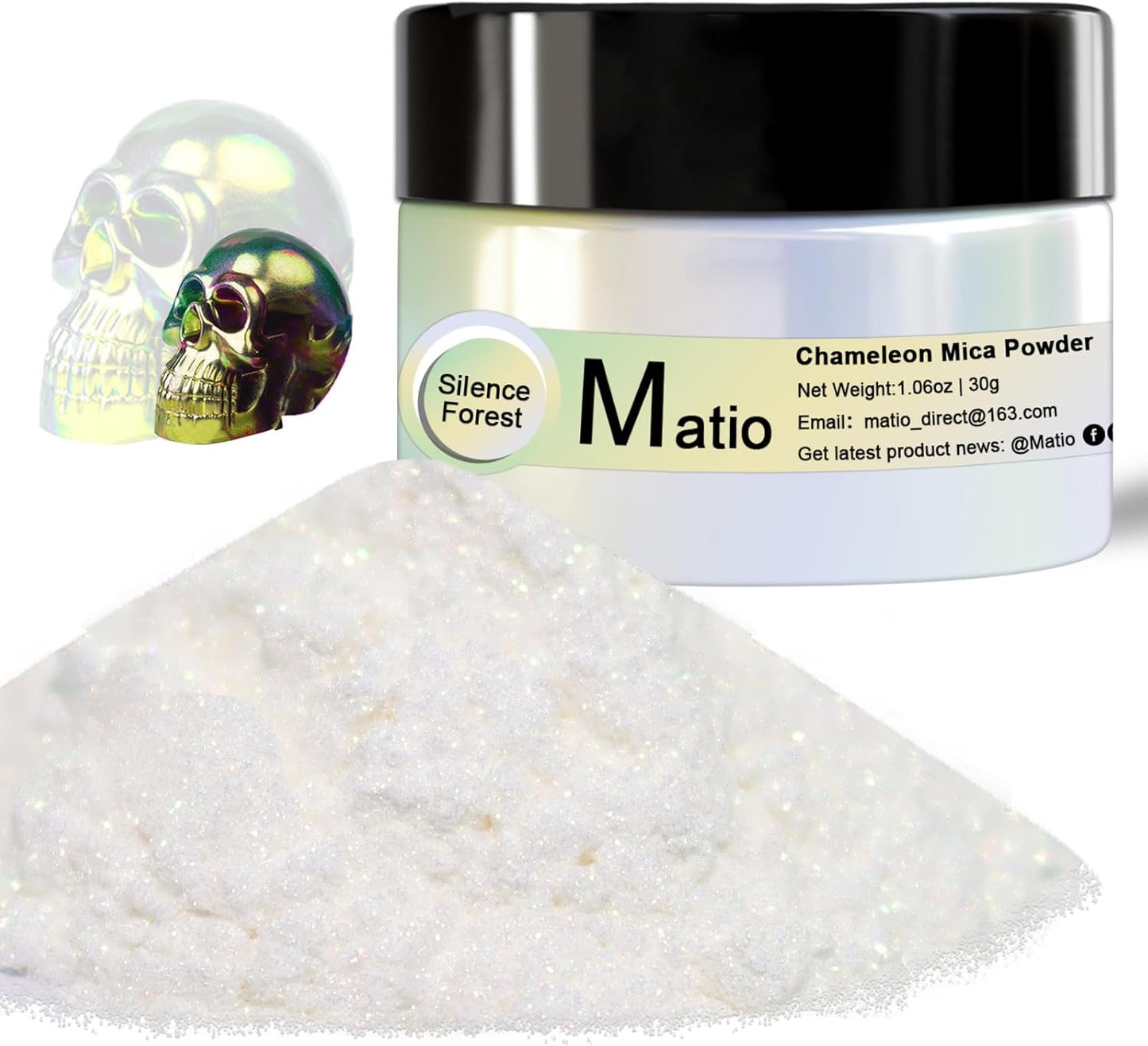 Matio Chameleon Mica Powder, 1.06oz/ 30g Silence Forest White Chrome Powder, Pearlescent Effect Color Shift Pigment for Resin Craft, Soap Candle Dye, Nail Art, Makeup, Bath Bomb,Paint,Slime Pigment