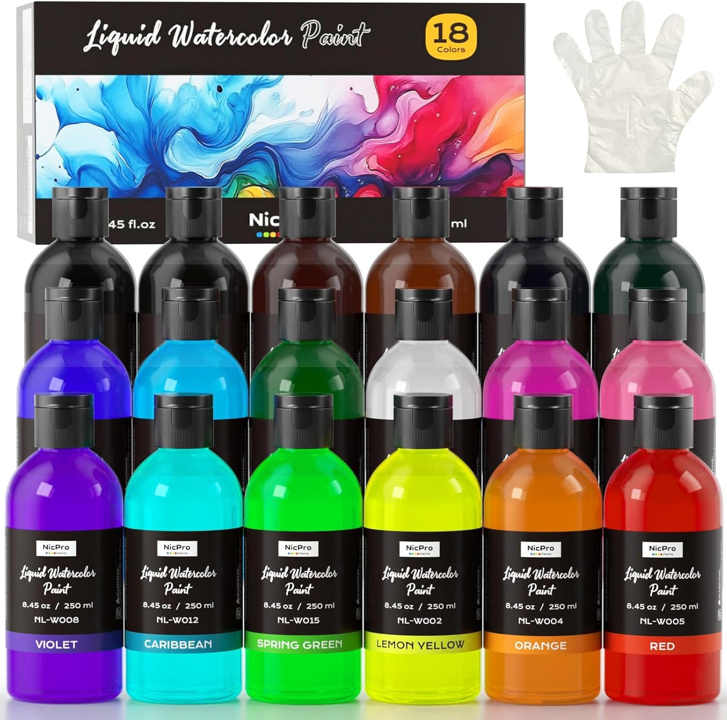 Nicpro 18 Colors Liquid Watercolor Paint Set, 8.45oz Large Bulk Liquid Watercolor Paint, Non-Toxic Water Colors Painting Supplies for Art Activity, Craft DIY, Poster, School, Home, Classroom, Party