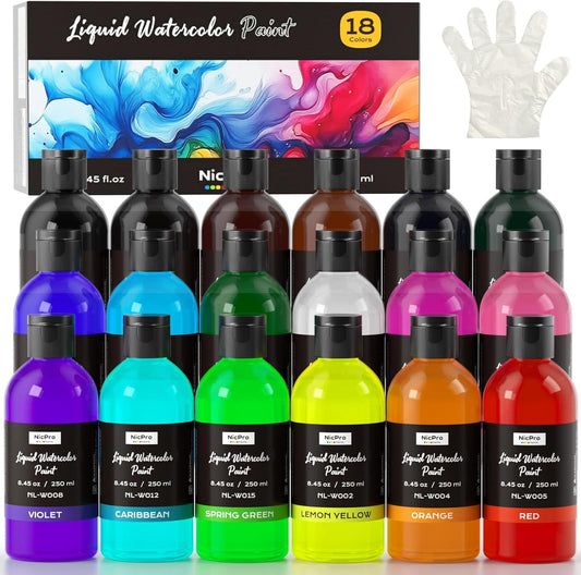 Nicpro 18 Colors Liquid Watercolor Paint Set, 8.45oz Large Bulk Liquid Watercolor Paint, Non-Toxic Water Colors Painting Supplies for Art Activity, Craft DIY, Poster, School, Home, Classroom, Party