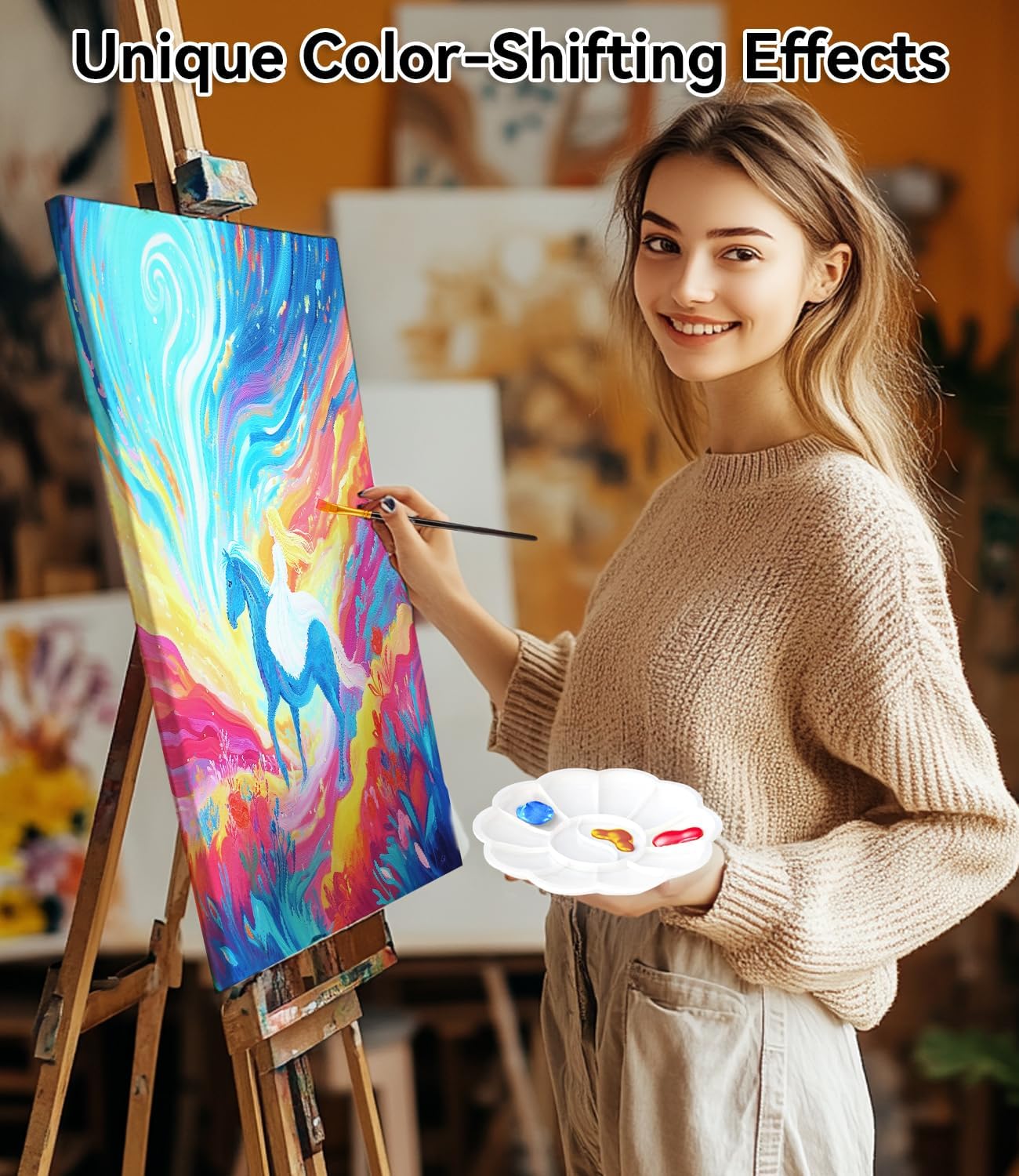 40 PCS Iridescent Acrylic Paint Set with 12 Brushes, 2 Knives & Palette, 24 Colors (2oz/60ml) Art Craft Paint for Adults Kids Artists Beginners, Halloween Pumpkin Canvas Ceramic Rock Painting Kit