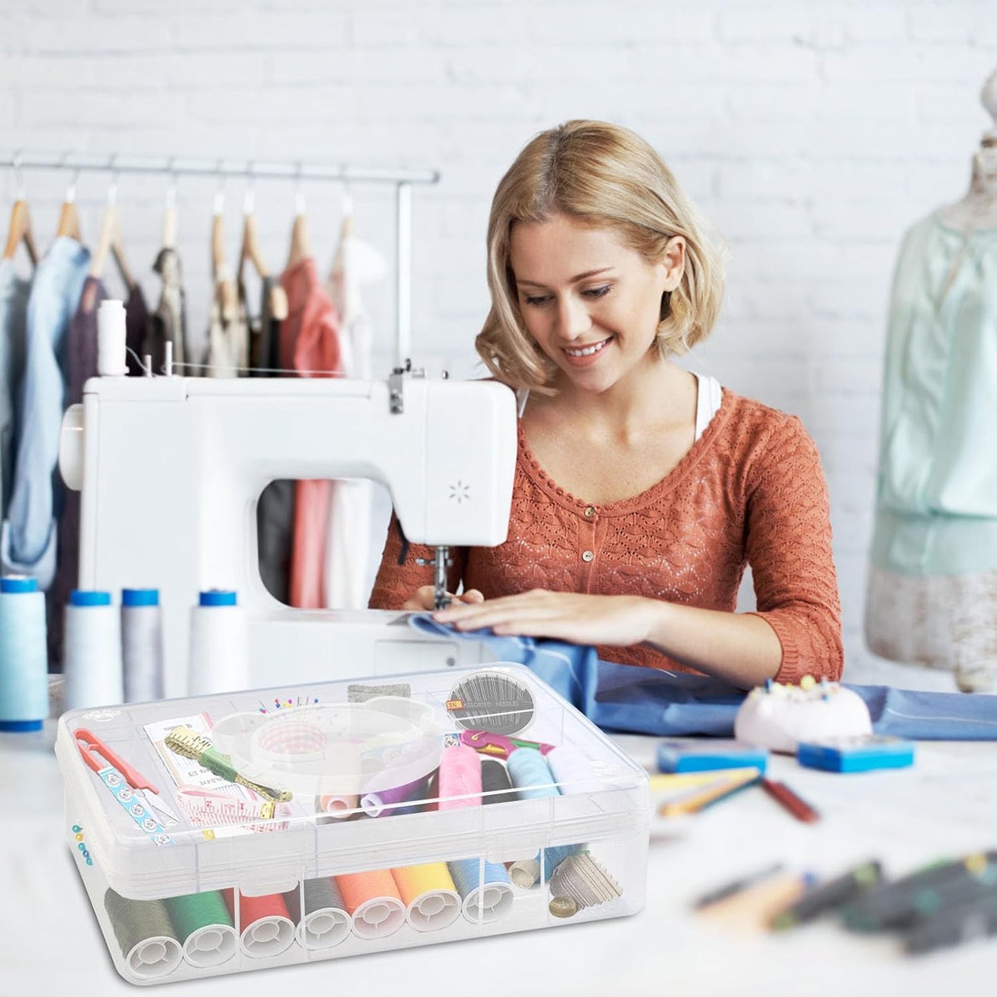 Mowhut Sewing Box for Sewing Supplies,Embroidery Floss Organizer,Plastic Tool Box with Handle,Stackable Thread Ribbon Storage,2 Layers Sewing Kit,Clear