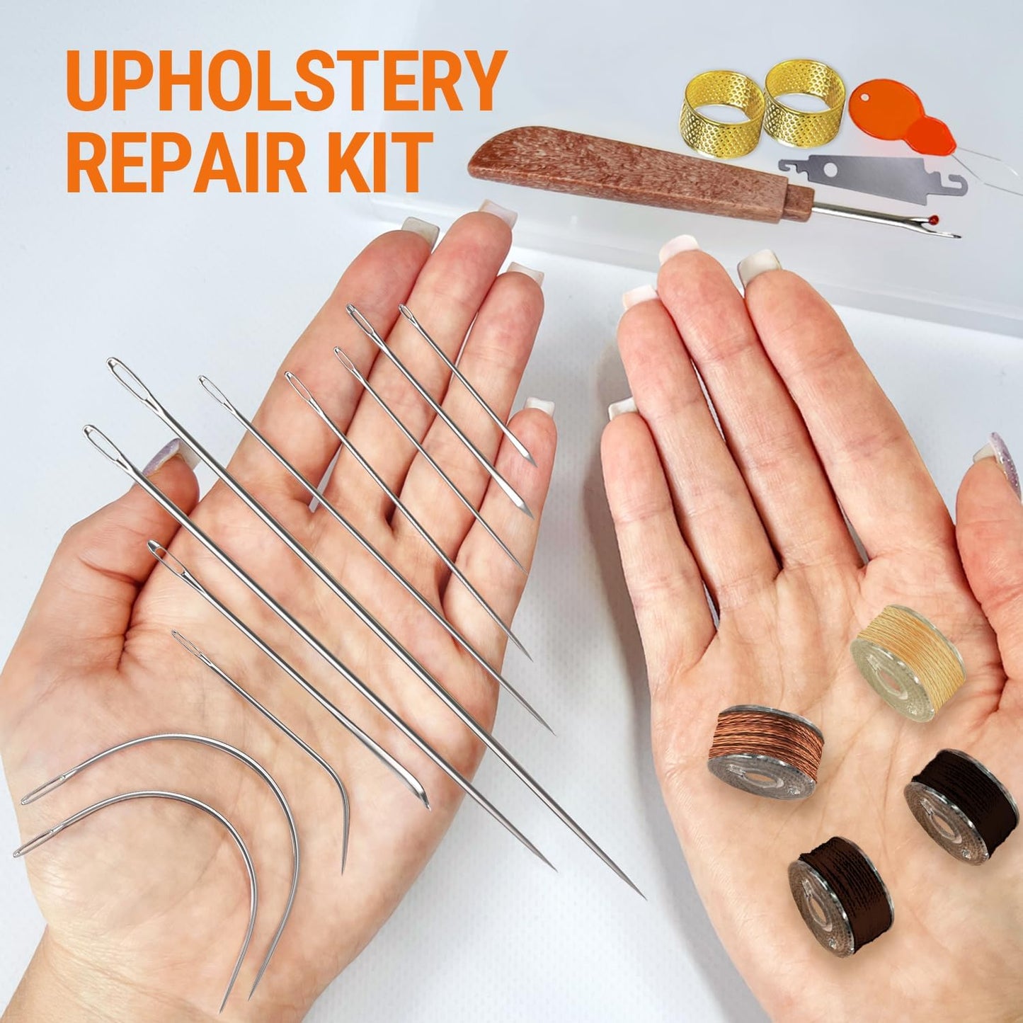 VONEEDL Heavy Duty Sewing Needles (11 PCS) & Waxed Thread (4 Different Brown Colors) - Upholstery Repair Kit for Leather, Canvas, Quilting & More