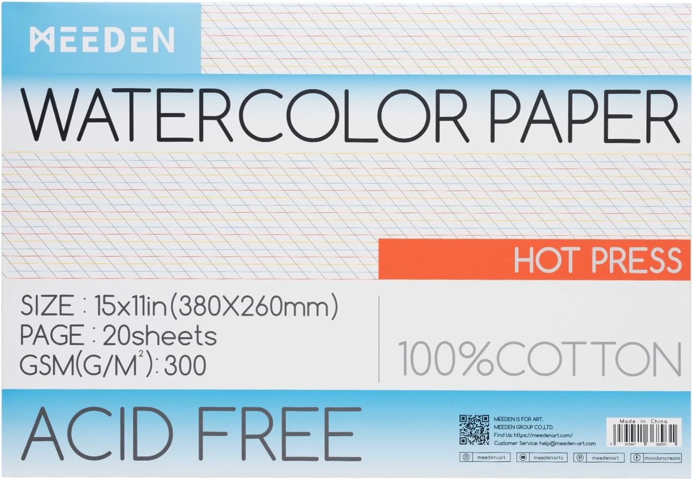 MEEDEN Watercolor Paper Block - 100% Cotton Watercolor Paper Pad of 20 Sheets, 140lb/300gsm, Acid-Free Art Paper for Watercolor Gouache Ink and More, 15" x 10" Hot Press