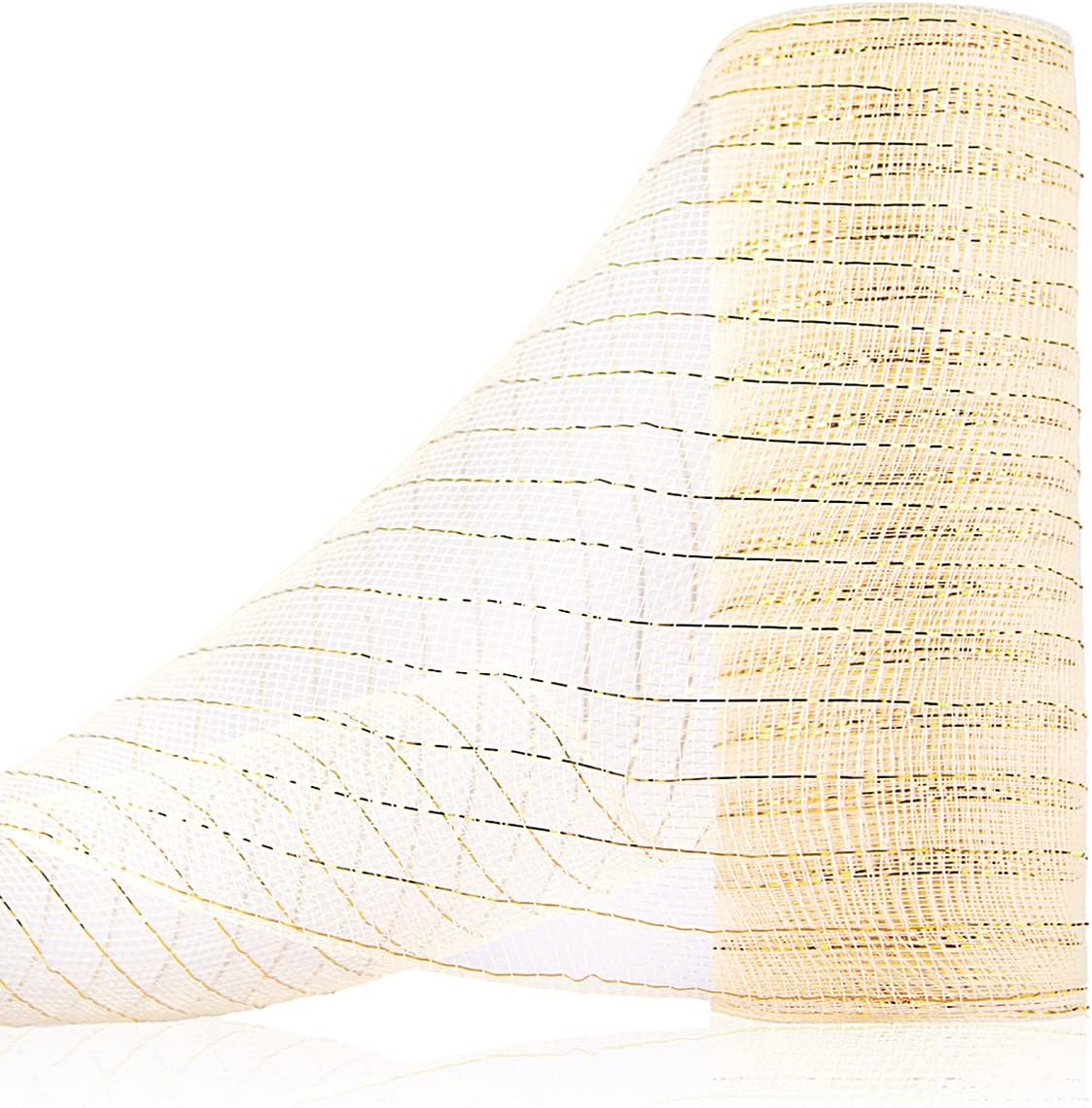 Anivia Deco Mesh Ribbon, 10inch x 30 Feet Each Roll Metallic Foil Mesh Ribbon for Wreaths Swags, Holloween, and Christmas Tree Decoration (Ivory/Gold Foil)