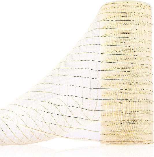 Anivia Deco Mesh Ribbon, 10inch x 30 Feet Each Roll Metallic Foil Mesh Ribbon for Wreaths Swags, Holloween, and Christmas Tree Decoration (Ivory/Gold Foil)