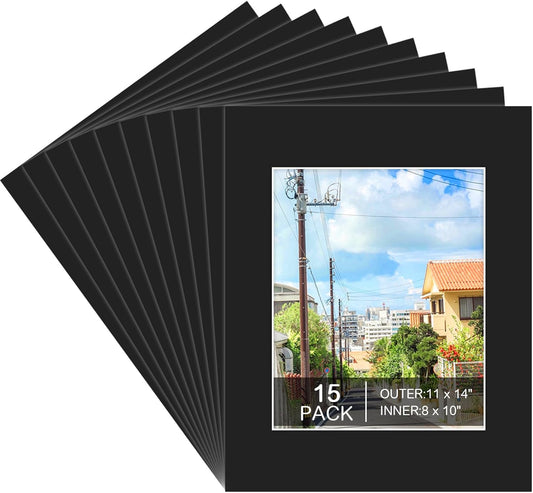 Prudiut 15 Pack 11x14 Black Picture Mats, Frame Mattes for 8 x10 Pictures Display Photo Frame Mat Core Bevel Cut Mat Board Show Kit for Photos, Prints, Artworks
