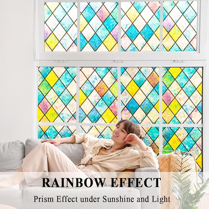 Colorful Stained Glass Window Film 3D Prism Sliding Door Privacy Covering Static Cling Church Tint Decorative Suncatcher Cover Decal No Glue Heat Cotrol Anti Glare Removable Home Office,23.6x118in.