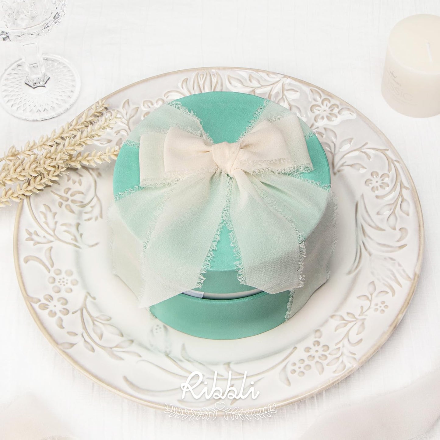 Ribbli Cream Chiffon Ribbon 1-1/2 inch x 20 Yard Handmade Fringe, Chiffon Silk Vanilla Cream Ribbon for Wedding Invitations, Bridal Bouquets, Flower Arrangement Decoration