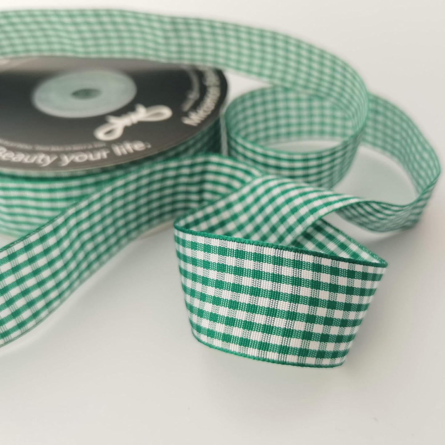 Green and White Woven Edge Plaid Ribbon 100% Polyester Gingham Ribbon 25 Yards Each Roll (1",Green)