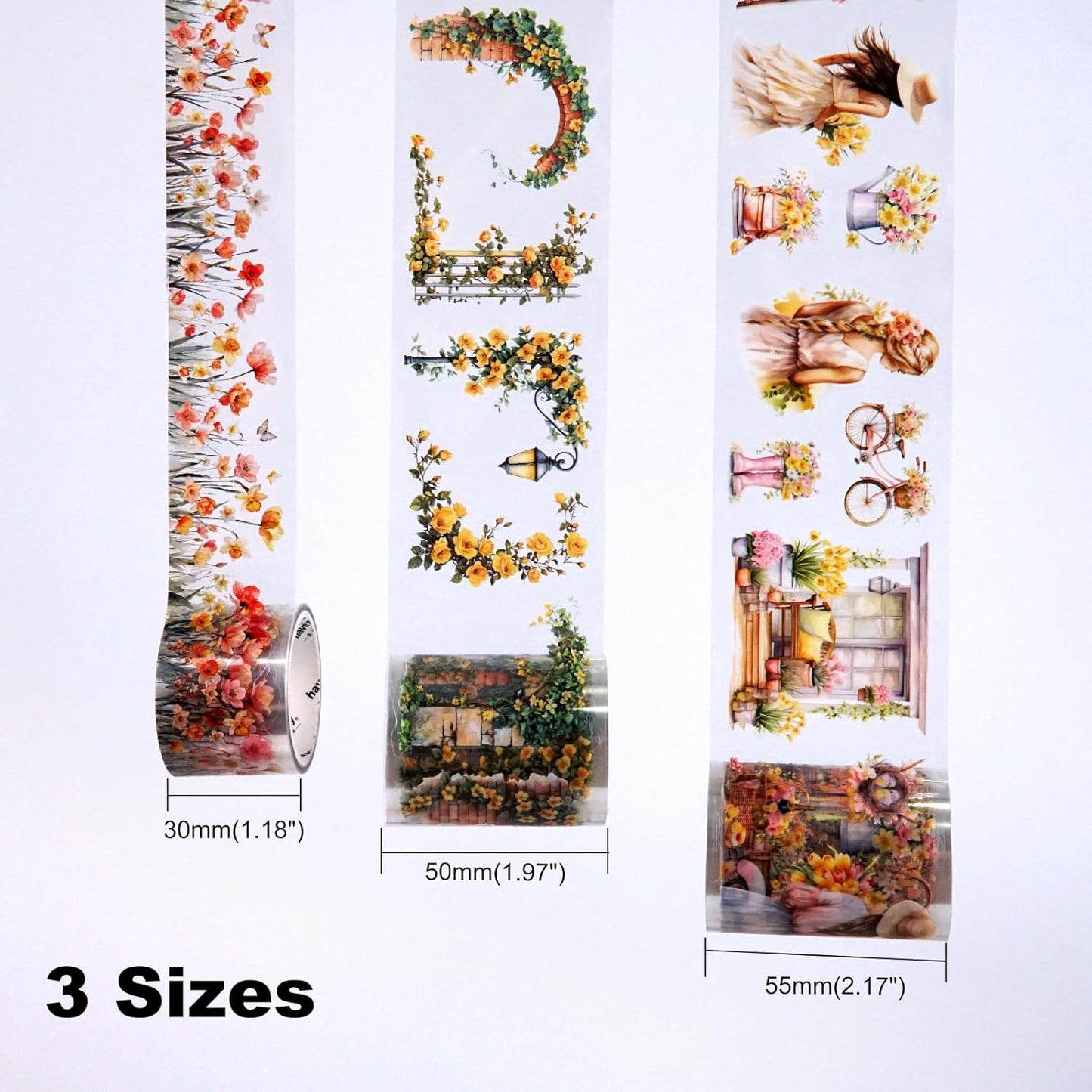 Floral Sea PET Tape Set, 3 Rolls Pre-Cut Botanical Stickers for Scrapbooking, Journaling, DIY Crafts, and Collage Art (30 mm/50 mm/55 mm)