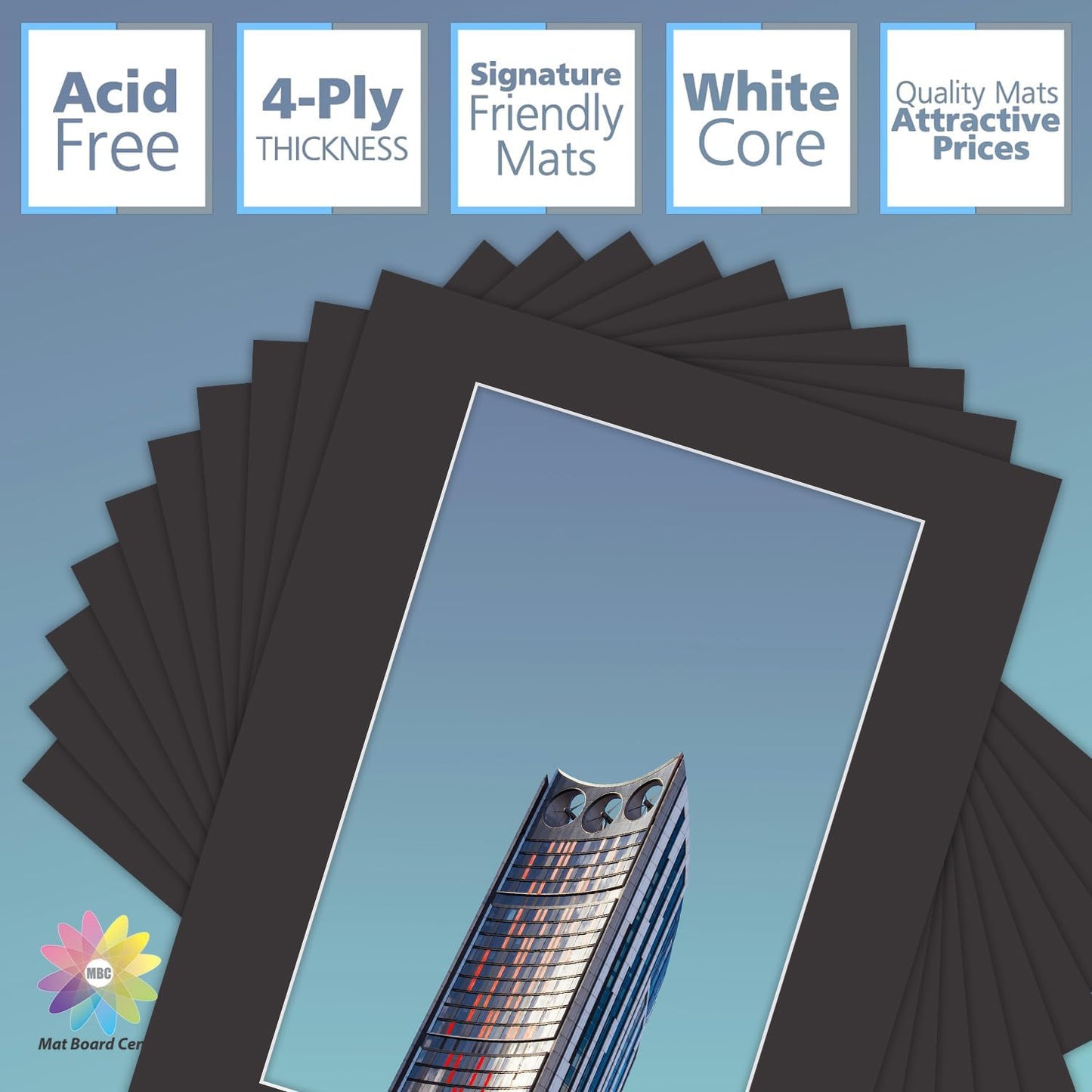 MBC Mat Board Center, 10 Pack 16x20 for 11x17 Black Picture Mats Frame Mattes, Bevel Cut, Acid Free, 4-ply Thickness