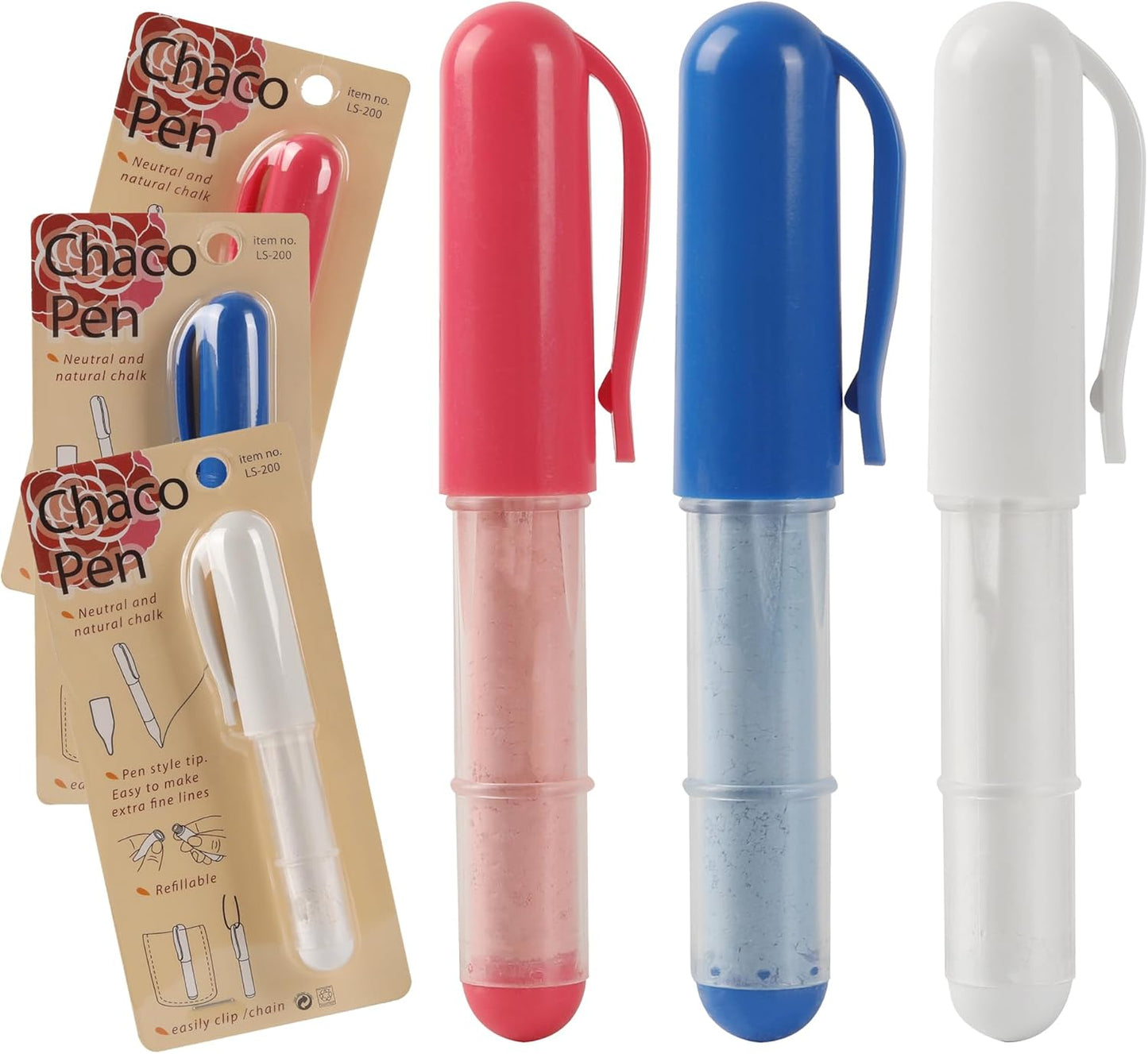 (3-pack) Fabric Chalk Markers -Erase Tailor’s Chalk for Quilting and Sewing - Compatible with Most Fabrics - With Dosing Wheel Technology, Red, Blue, White