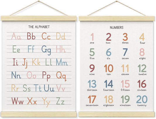 BONETAT Numbers alphabet poster for Nursery Toddlers, Play Room Wall Decor, ABC Wall Chart, Wall Hanging Decor for Toddler Playroom Decor Kids Wall Decor, Wooden Alphabet Banner-A02