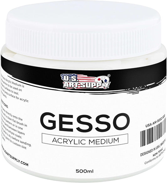 U.S. Art Supply White Gesso Primer - 16.9oz (500ml) for Oil & Acrylic Paint - Superior Coverage, Canvas Prep, Mixable White Gesso Paint Artists