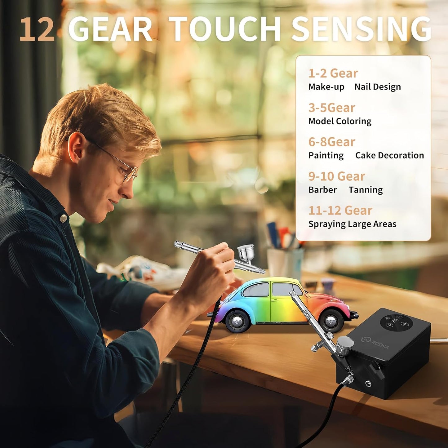 RDSWA Airbrush Kit with Air Compressor Machine,Aerografo,12-Gear Touch Sensing,51psi High Pressure Air Brush Sets,Dual-Action Spray Gun Set,Ideal for Painting,Cake,Makeup,Nails,Model,Tanning,Barber