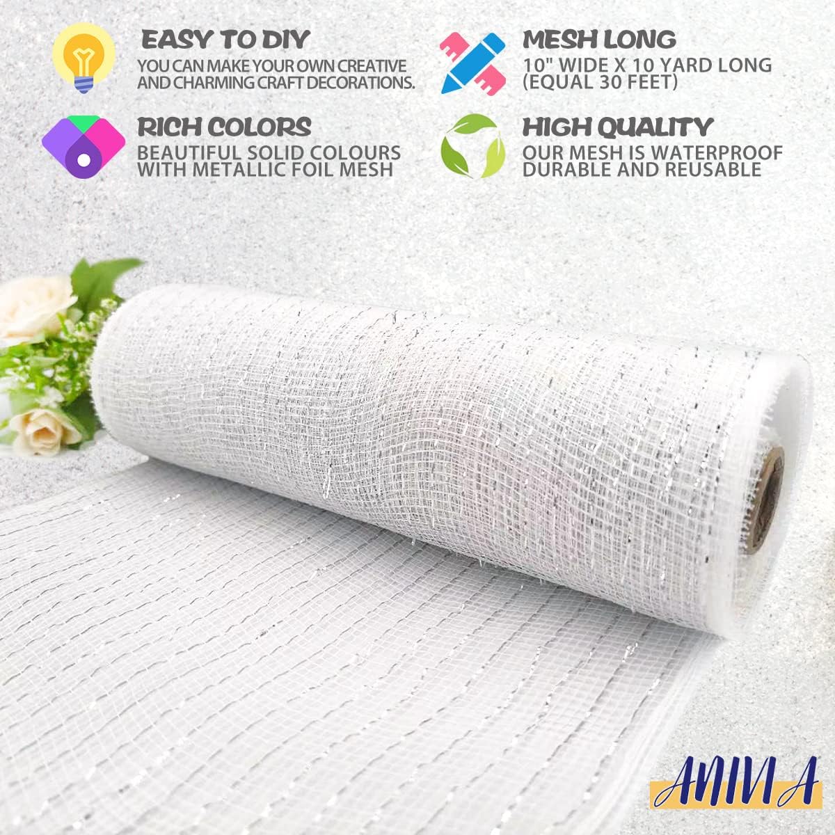 Anivia Deco Mesh Ribbon, 10inch x 30 Feet Each Roll Metallic Foil Mesh Ribbon for Wreaths Swags, Holloween, and Christmas Tree Decoration (White/Silver Foil)