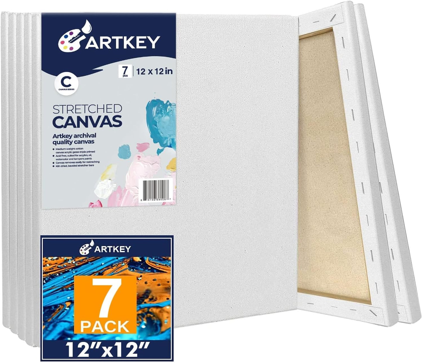 Stretched Canvases for Painting 12x12 Inch 7-Pack, 10 oz Triple Primed Acid-Free 100% Cotton Blank Canvas, Square Canvas for Oil Paint Acrylics Pouring & Wet Art Media, Pour Painting