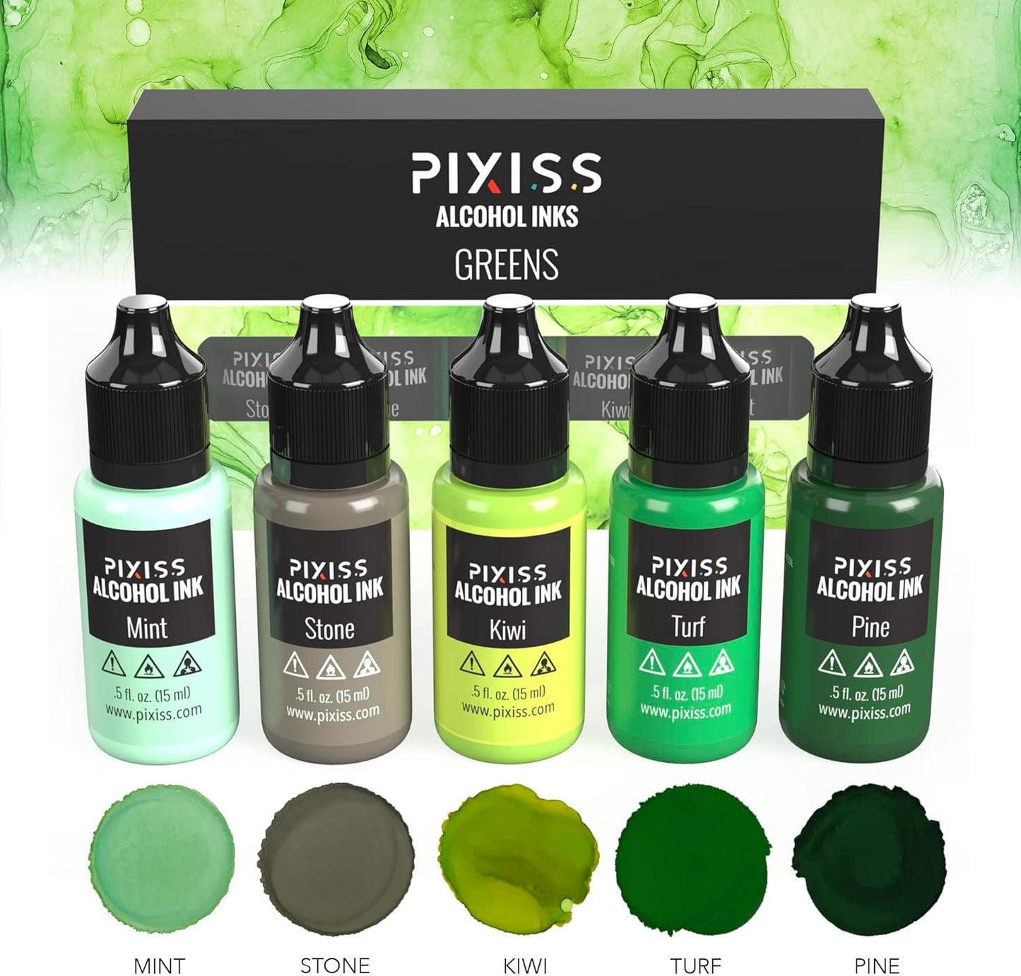 Pixiss Green Alcohol Ink Set - 5 Shades of Highly Saturated Alcohol Ink for Epoxy Resin Supplies, Yupo Paper, Tumblers, Coasters - Resin Colorant for Epoxy Resin and Resin Art Supplies